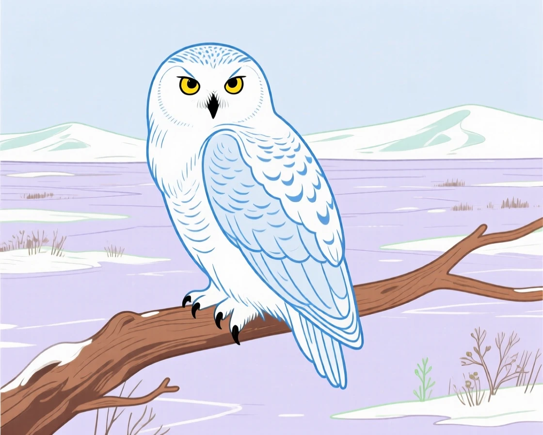 A snowy owl perched silently over a frozen tundra.