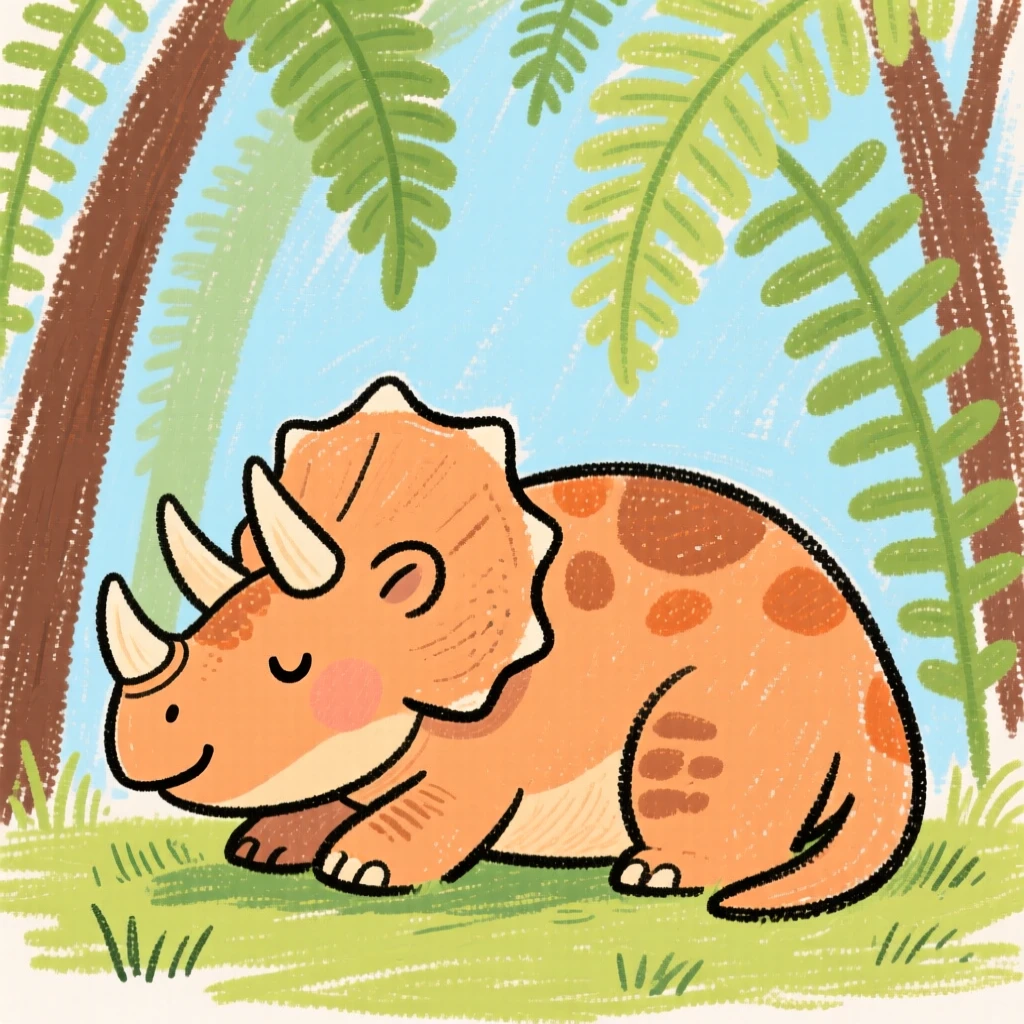 A young Triceratops resting beneath towering prehistoric ferns.