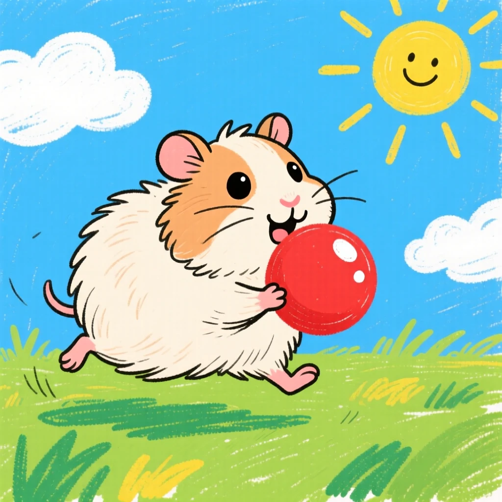 A fluffy guinea pig fetching a rubber ball across the lawn.