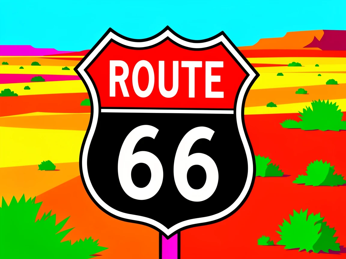 Route 66 highway sign stretching into the desert