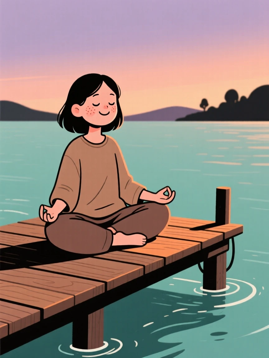 A young woman practices quiet meditation on a wooden dock at dusk, breathing slowly as gentle waves surrounds them.