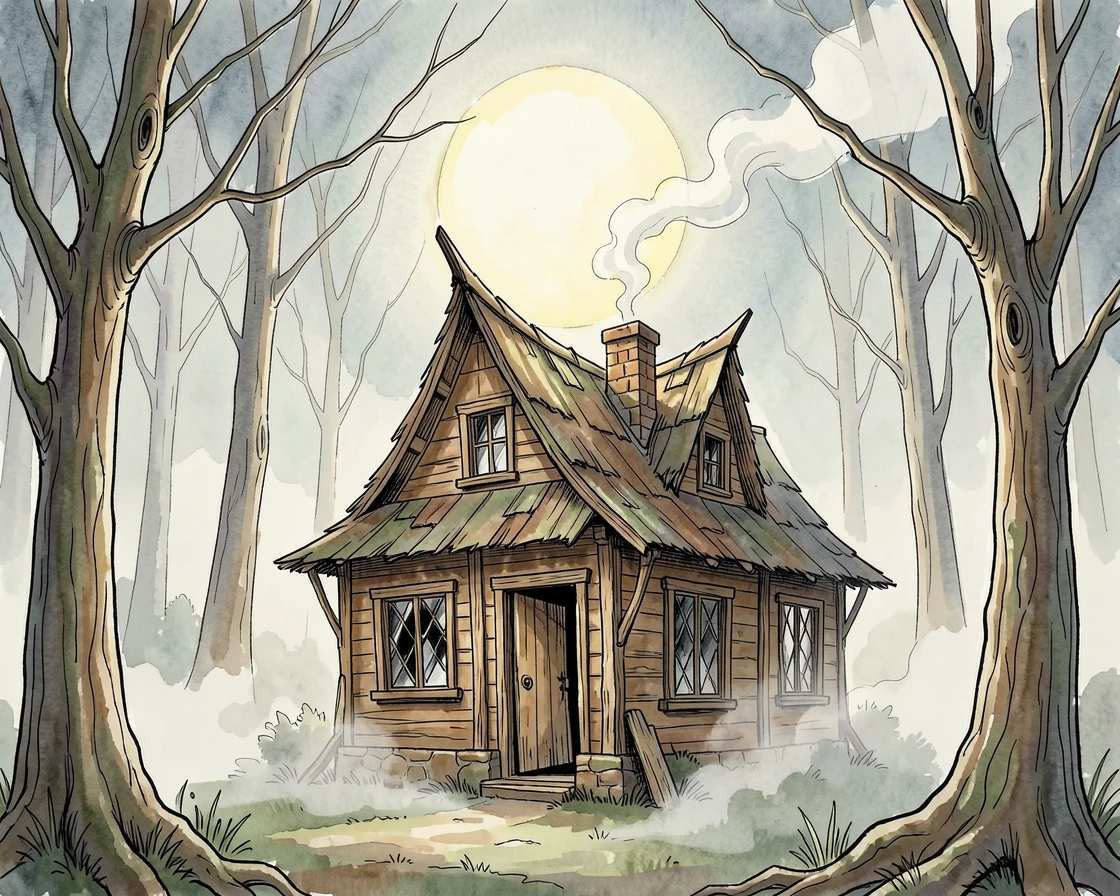 A witch's cottage tucked into a misty forest, smoke curling from a crooked chimney under a full moon