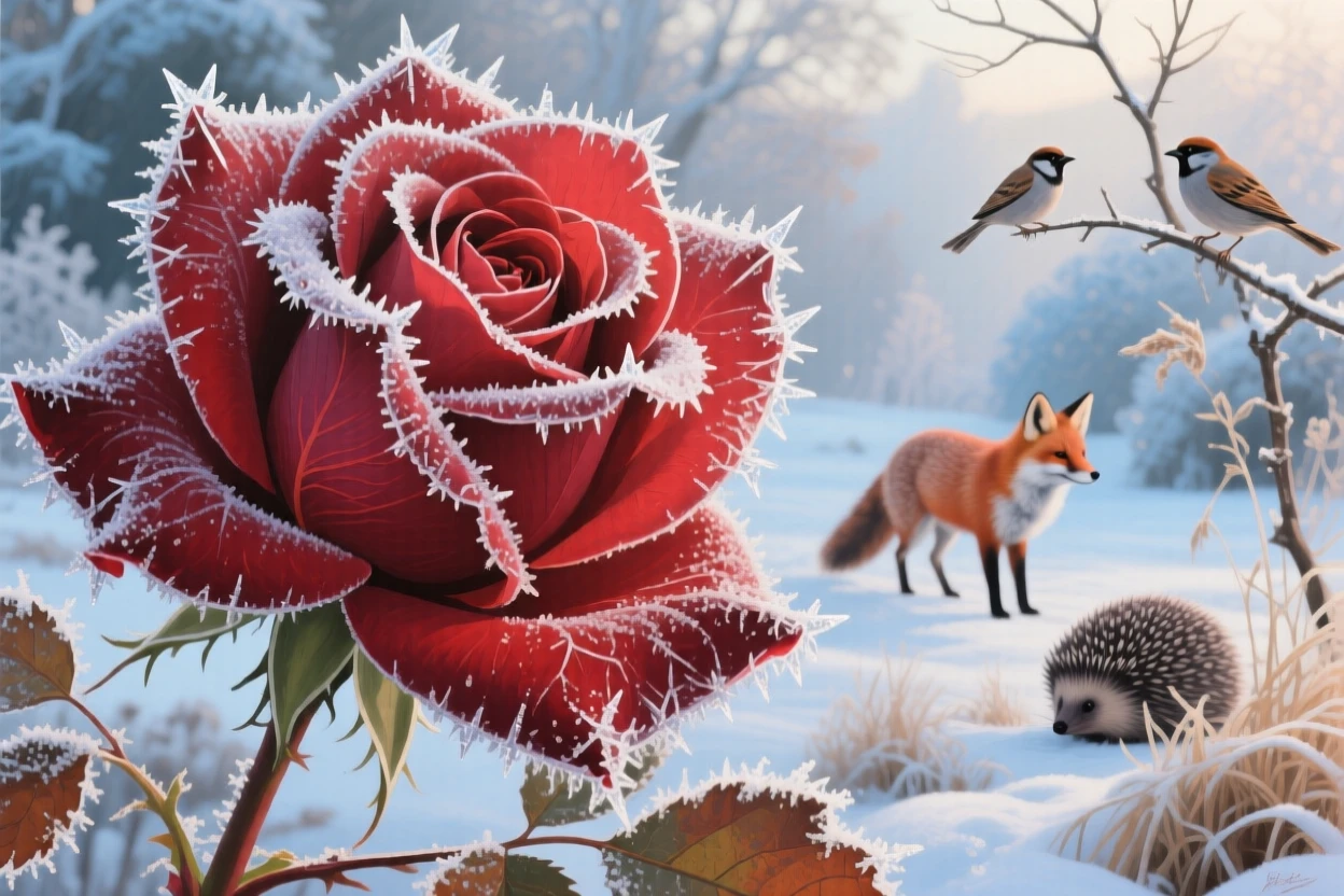 A close-up of frost-covered rose petals in early winter shows delicate ice crystals forming intricate patterns along the curled red edges, with scattered wildlife visible moving quietly through the middle distance of the composition.