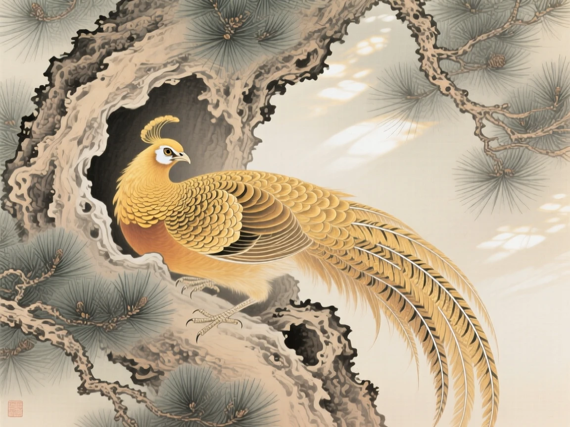 A golden pheasant nestled in a hollow of an old pine tree, soft morning light filtering through the branches