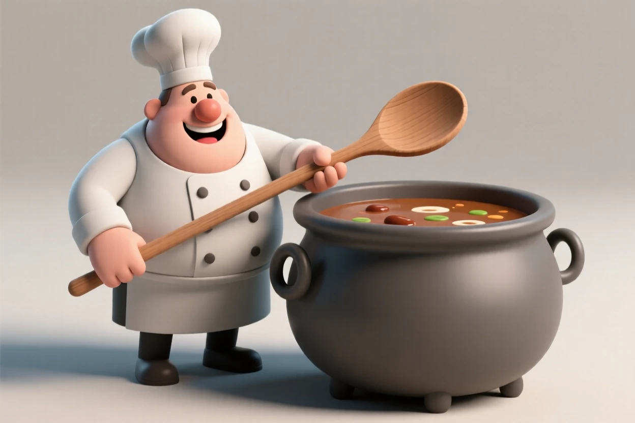 A jolly giant chef stirs a massive cauldron of stew with a wooden spoon the size of an oar.