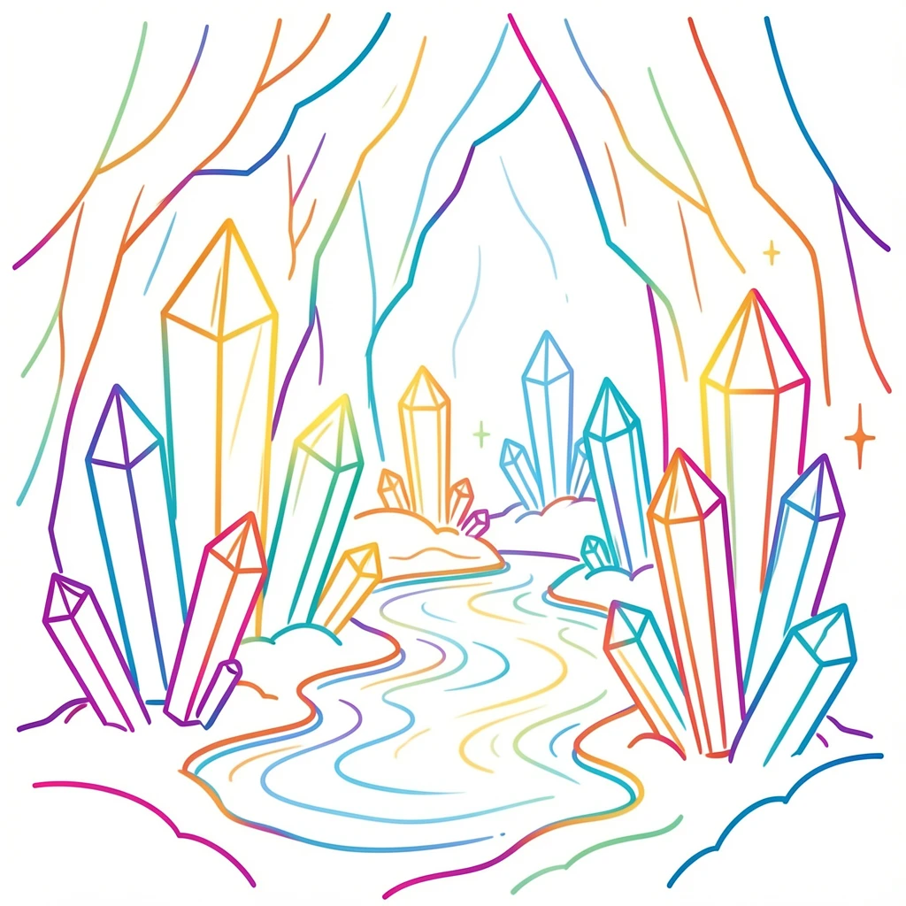 A crystal cave filled with towering glowing gemstones and shimmering pools.