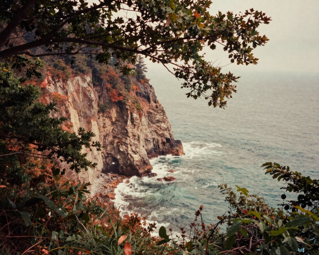 A dramatic sea cliff dropping into churning turquoise water, in dappled light filtering through leaves, amid gently falling snow, as summer fades into fall, in earthy terracotta and ochre shades, peering through foliage in the foreground.