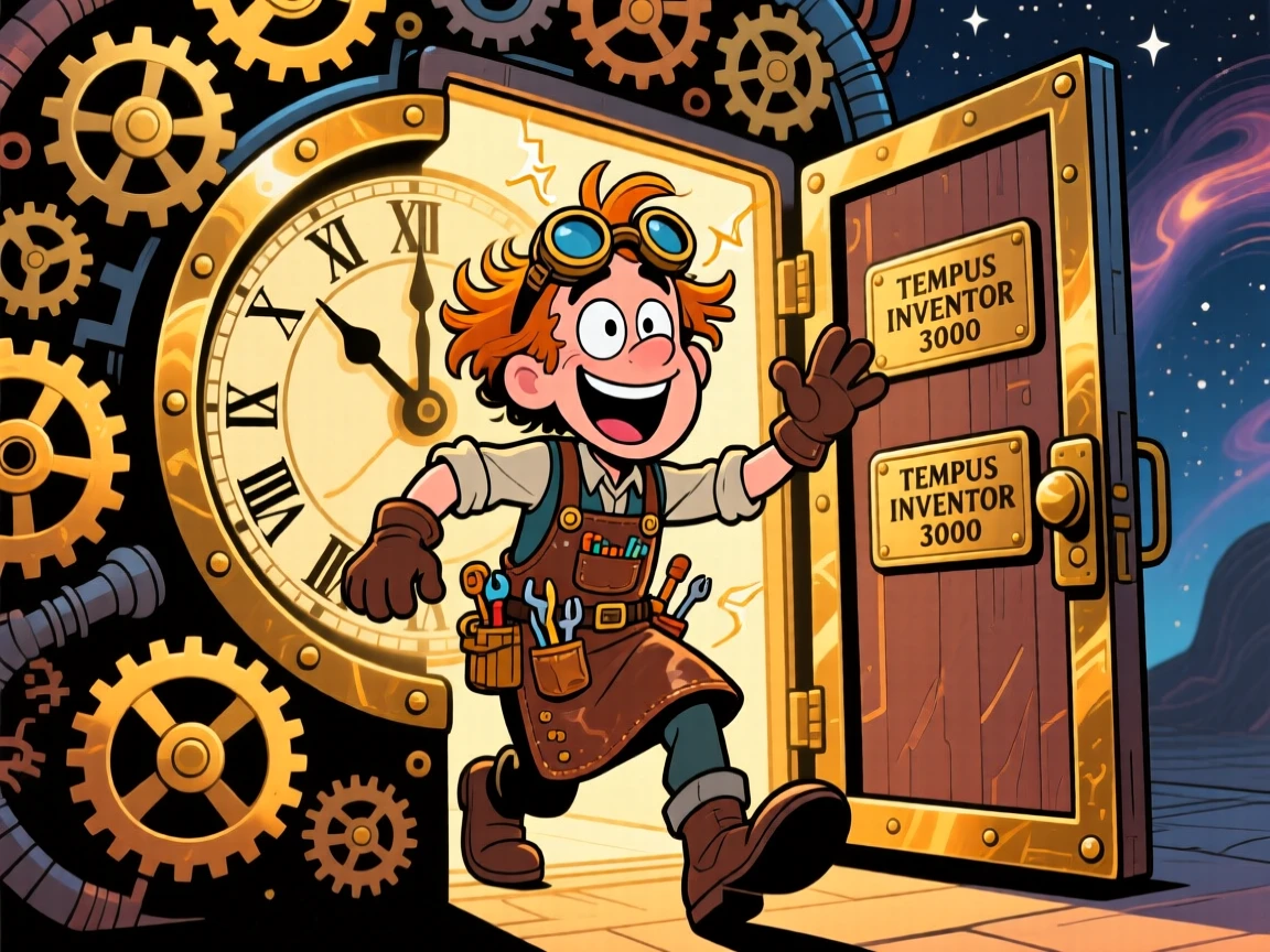 An imaginative fantasy scene of a time-traveling inventor stepping out of a glowing clockwork machine surrounded by swirling gears.