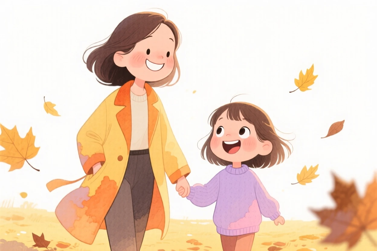A mother and daughter taking a walk together in a golden autumn park