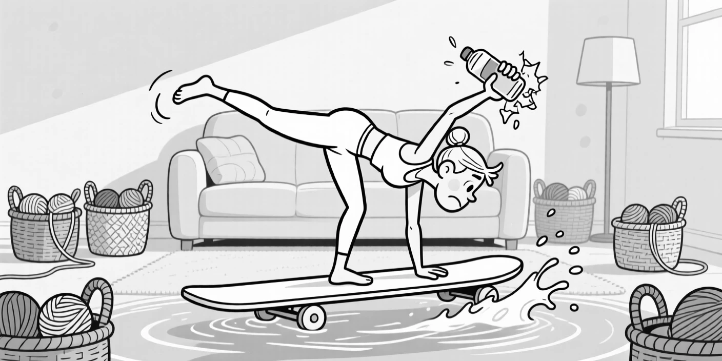 A yoga enthusiast wobbling in an impossible pose, flying off the board in a dramatic splash, set in a cozy living room surrounded by yarn baskets. A water bottle is crushed flat from being gripped so hard. The moment captures determination with a comic twist.