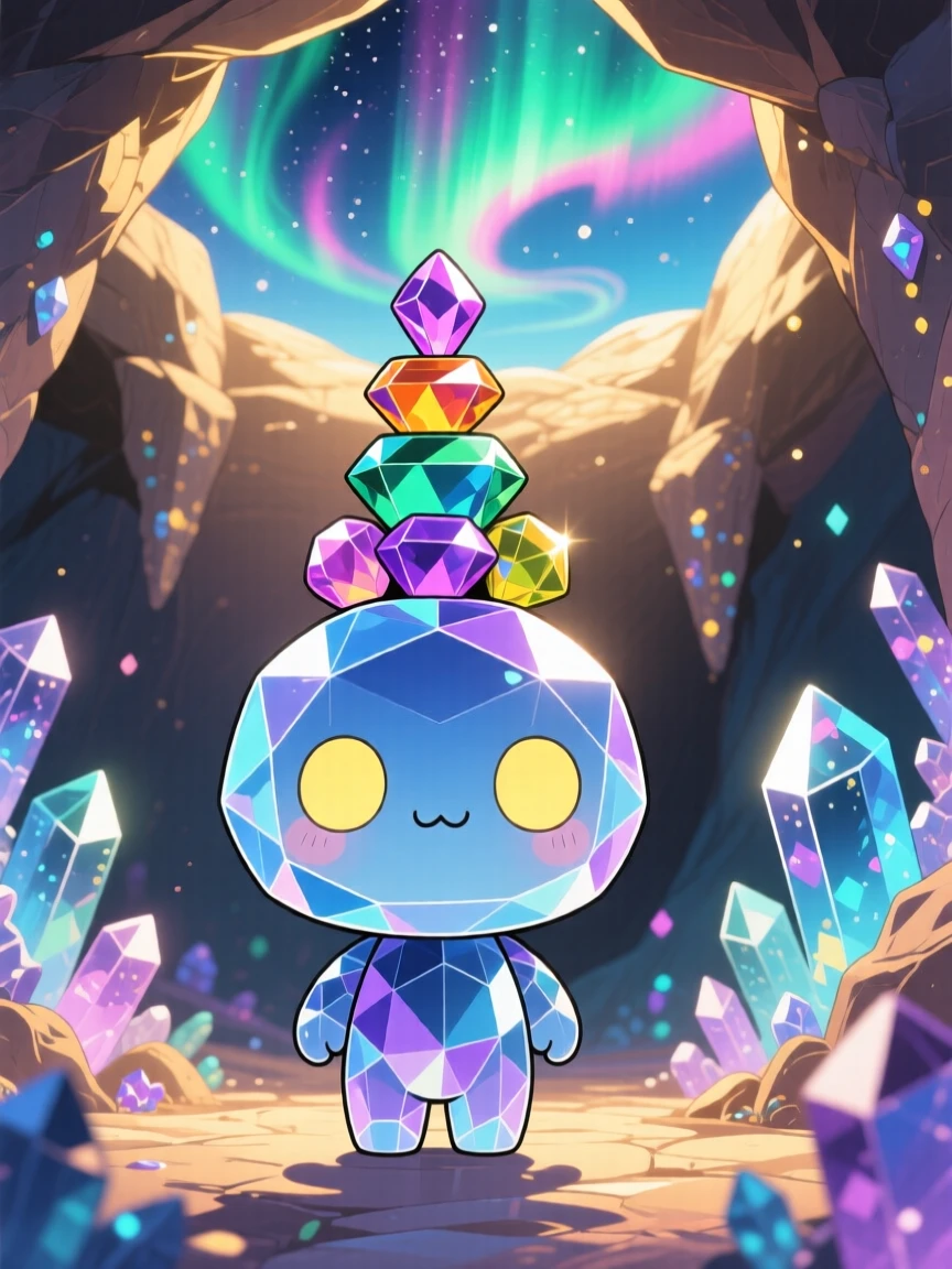 Symmetrical front-on view of a crystal golem, carefully balancing a stack of gemstones, in a glittering underground cavern, beneath swirling aurora-lit skies, illuminated by soft golden-hour sunlight, radiating sleepy relaxation.