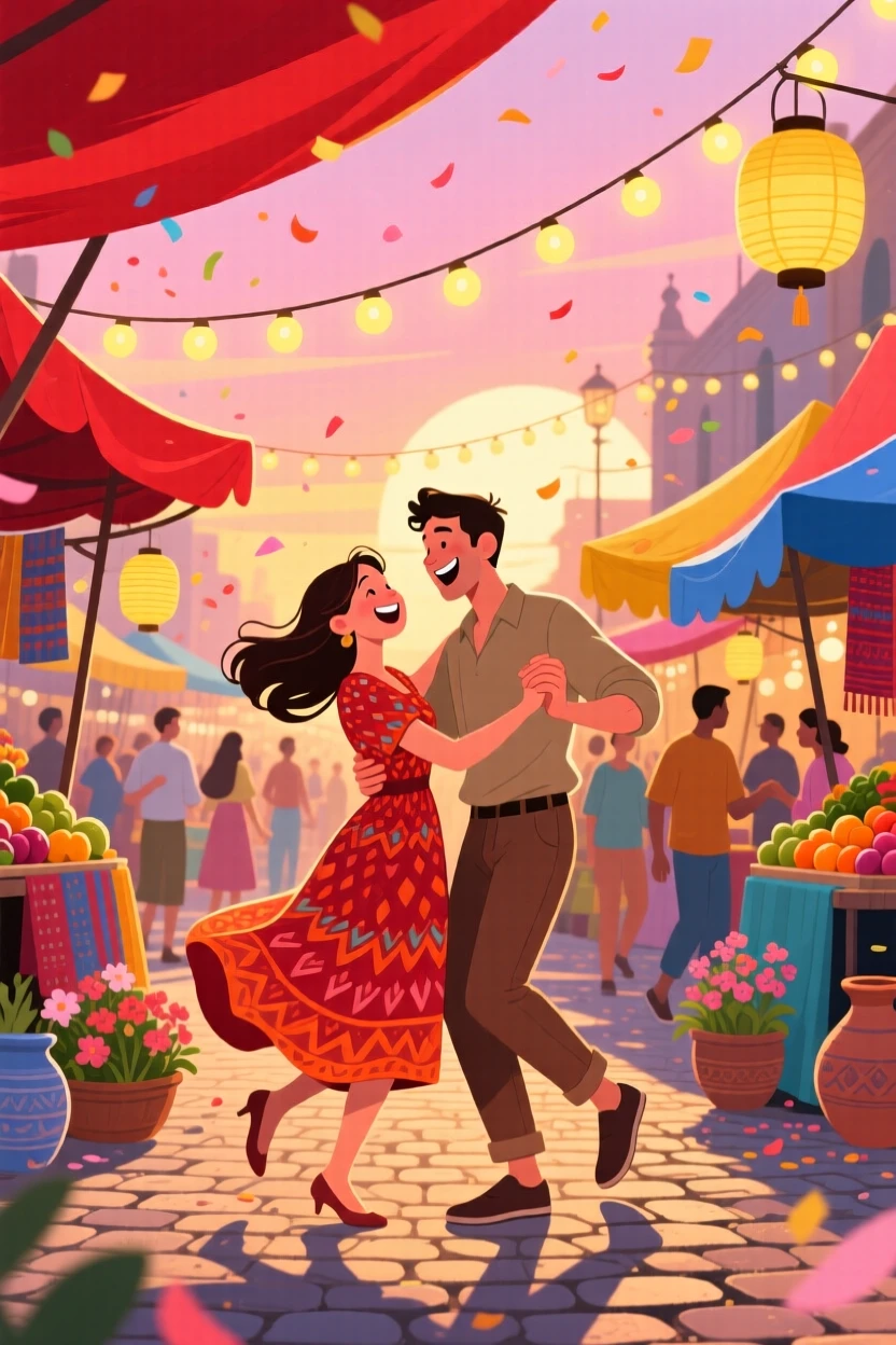A couple dancing together under string lights at dusk, in a lively outdoor market bustling with color, captured mid-laugh with authentic energy, with a sense of warmth and togetherness in every detail.