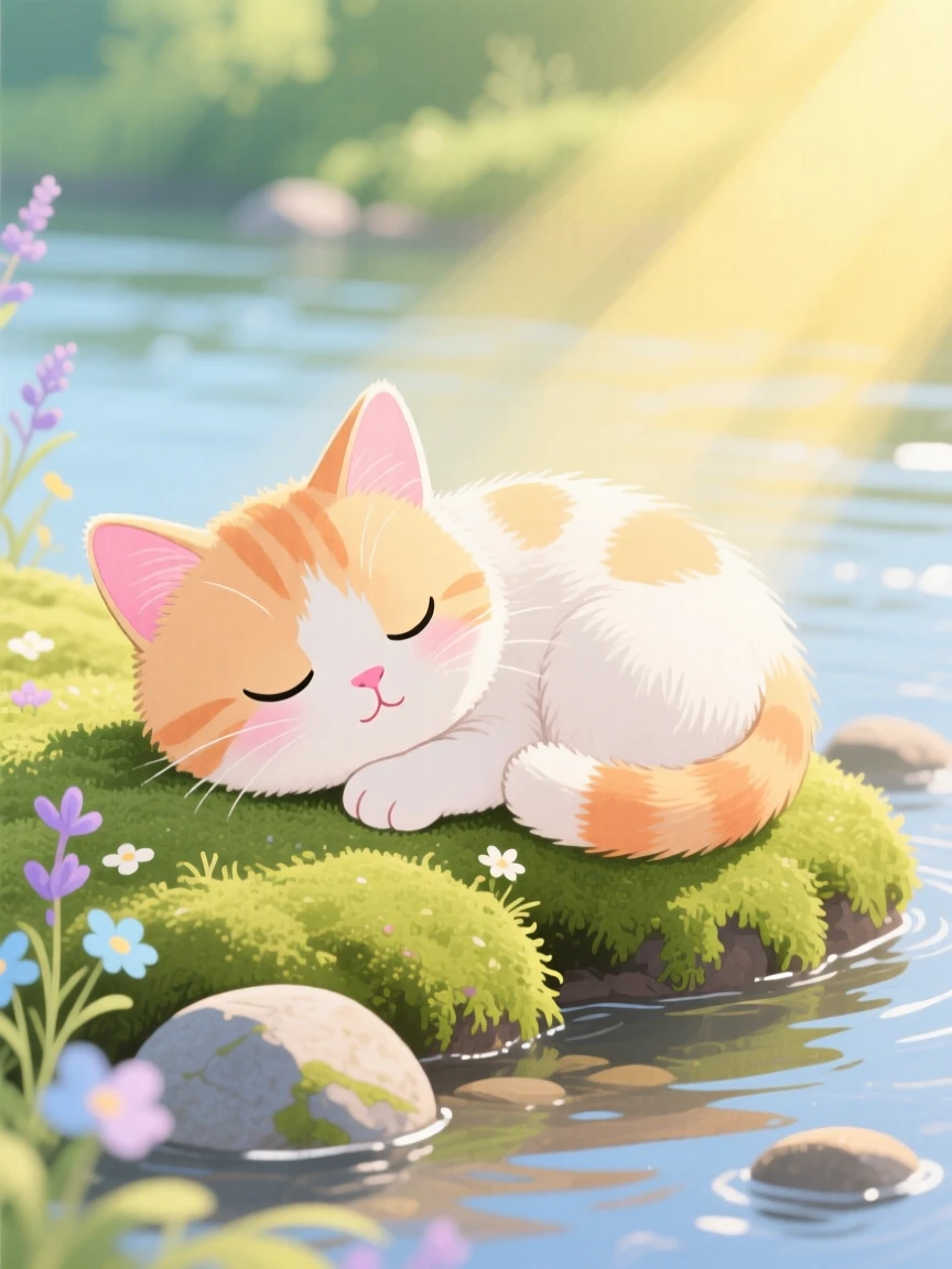 A close-up portrait of a kitten napping in a sunbeam in a mossy riverbank.