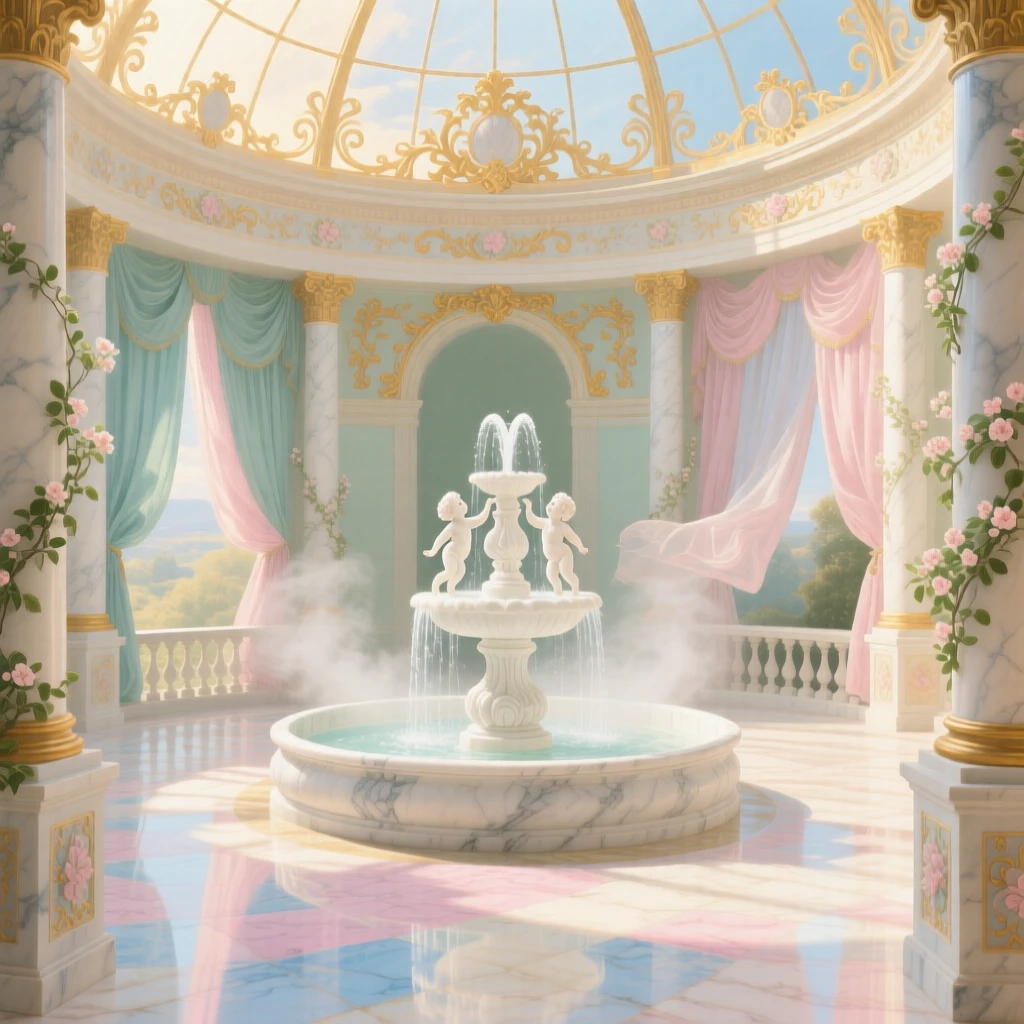 A marble rotunda with a fountain at its center and sunlight pouring through its dome  