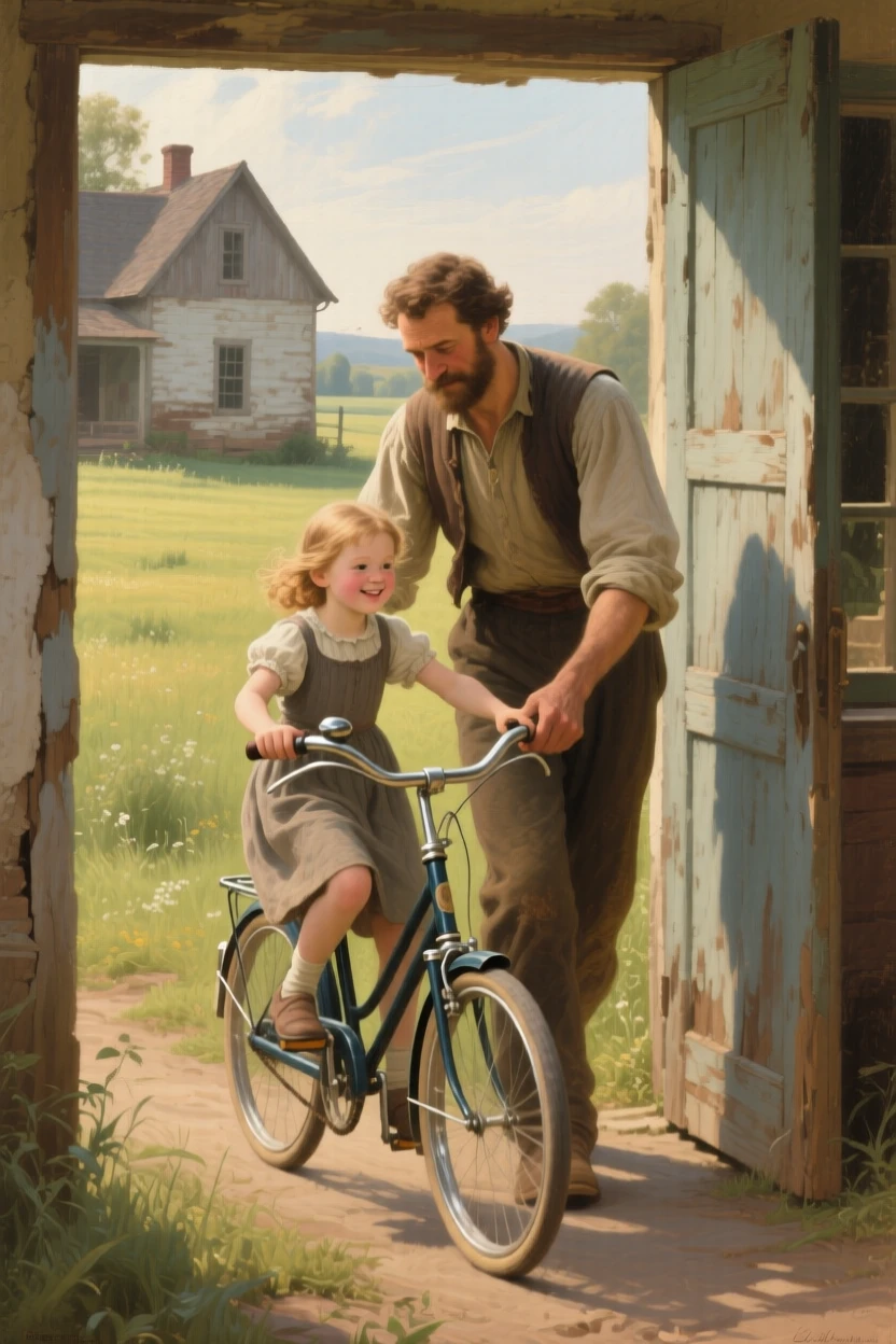 A father teaching his daughter to ride her first bicycle as laughter and love fill an otherwise ordinary afternoon, set within a sunlit meadow just beyond a quiet farmhouse, with worn, familiar surroundings that speak of years shared together; gentle framing by a doorway or window softens the intimate scene, radiating warmth, comfort, and belonging.