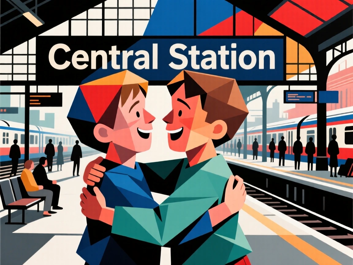 Childhood friends reuniting with a warm embrace at a busy train station.