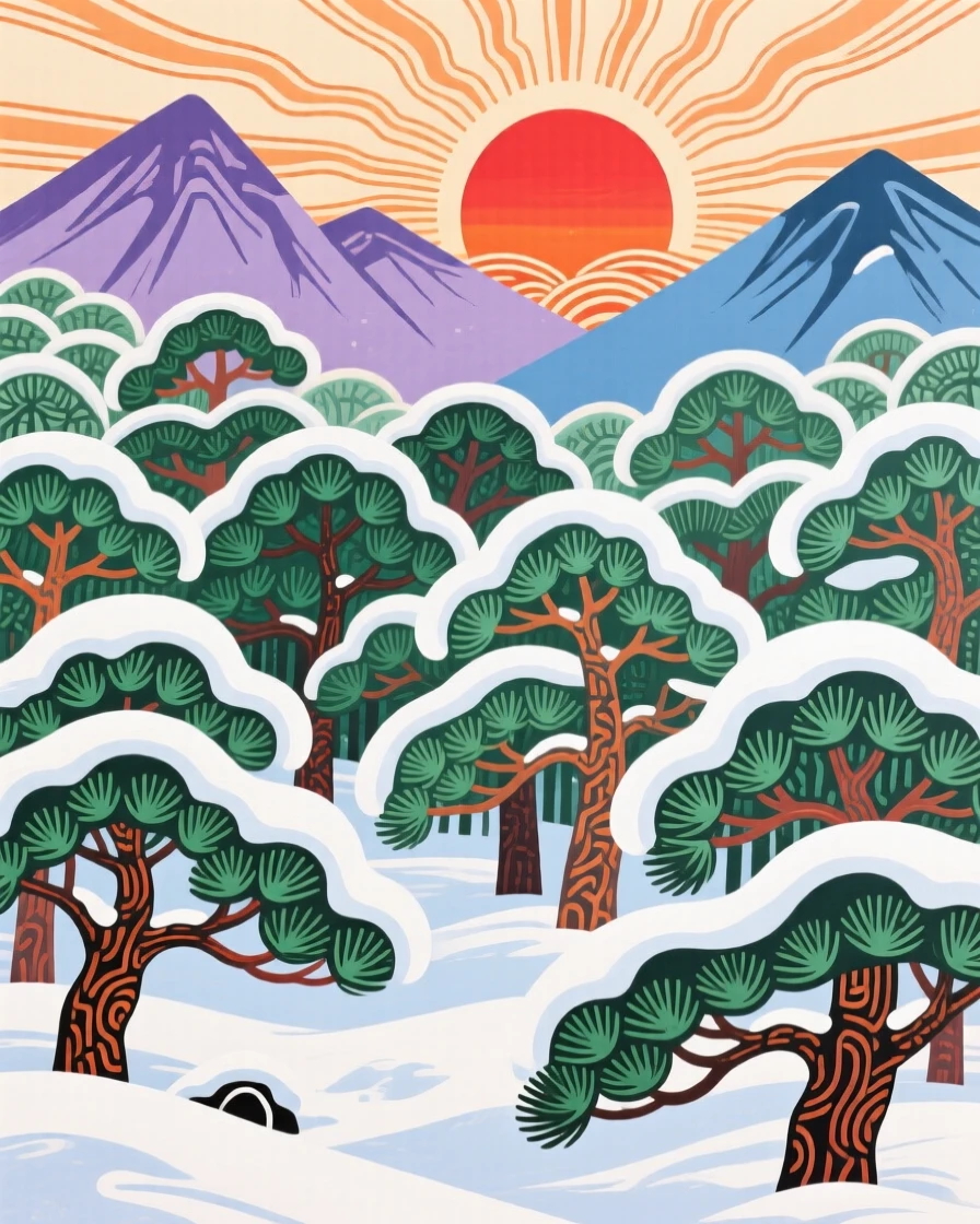 A pine forest blanketed in fresh snow, as the sun sets behind distant peaks.