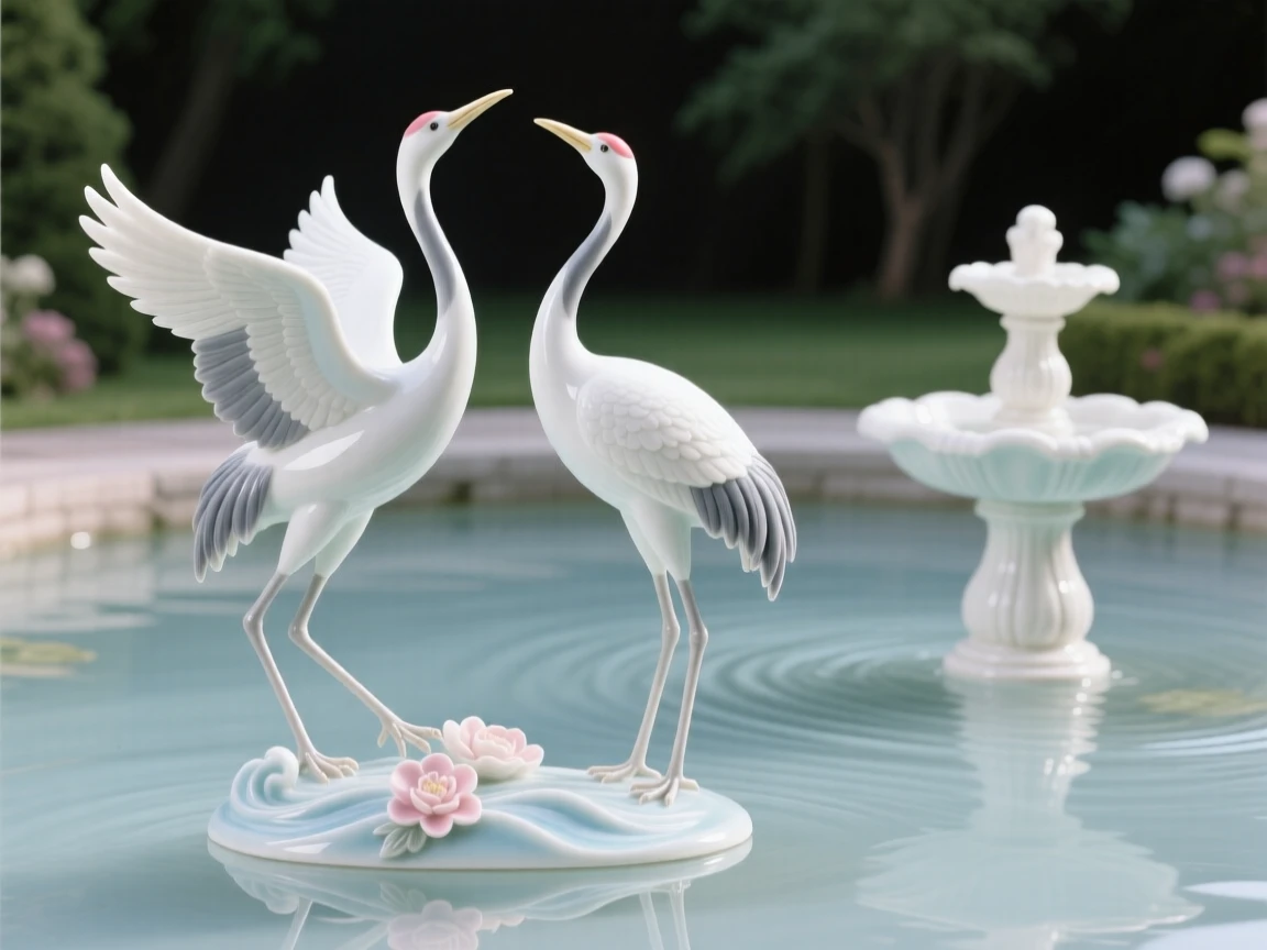 A pair of cranes gliding together across a still pond beside a quiet garden fountain.