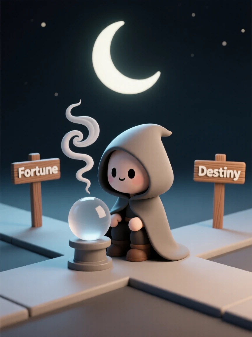 A mysterious cloaked traveler reads fortunes from swirling smoke rising out of a crystal ball at a moonlit crossroads.