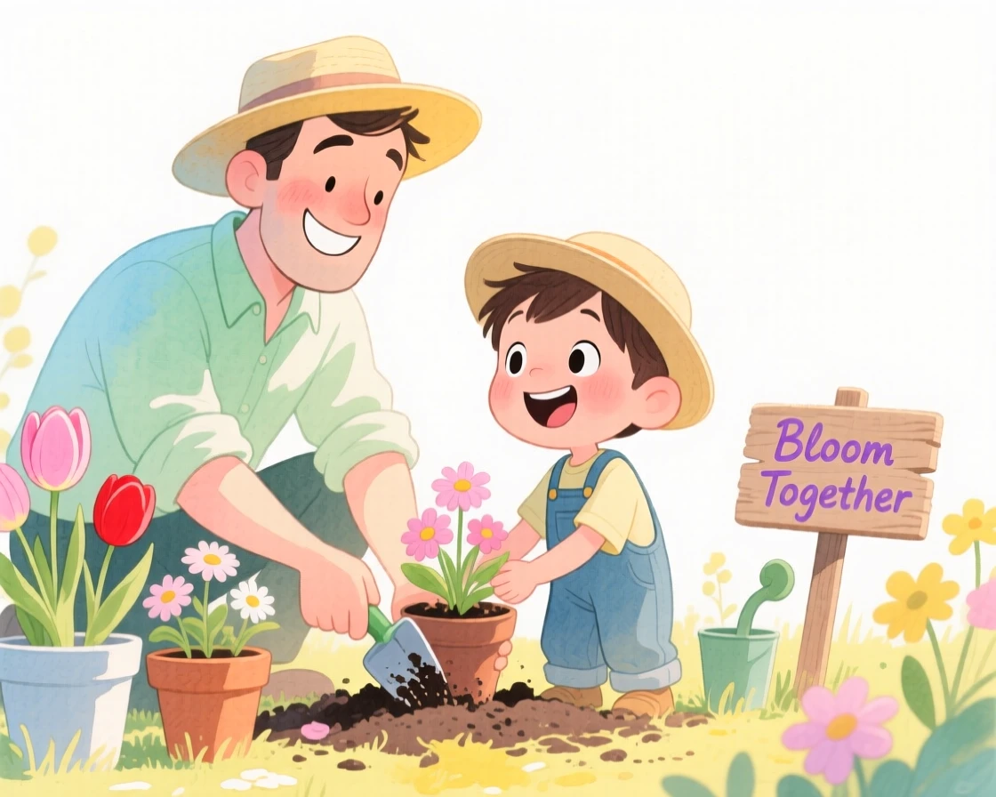 A father and son planting flowers in a sunny backyard garden