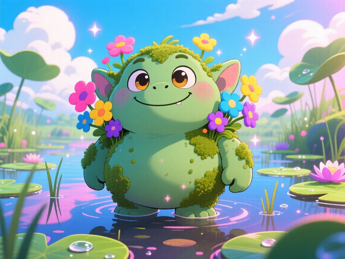 A friendly swamp troll growing flowers from its mossy shoulders in a lily-pad-covered marsh beneath fluffy drifting clouds; neon-lit glow washes over the scene as quiet contentment fills the moment. Worm's-eye view.