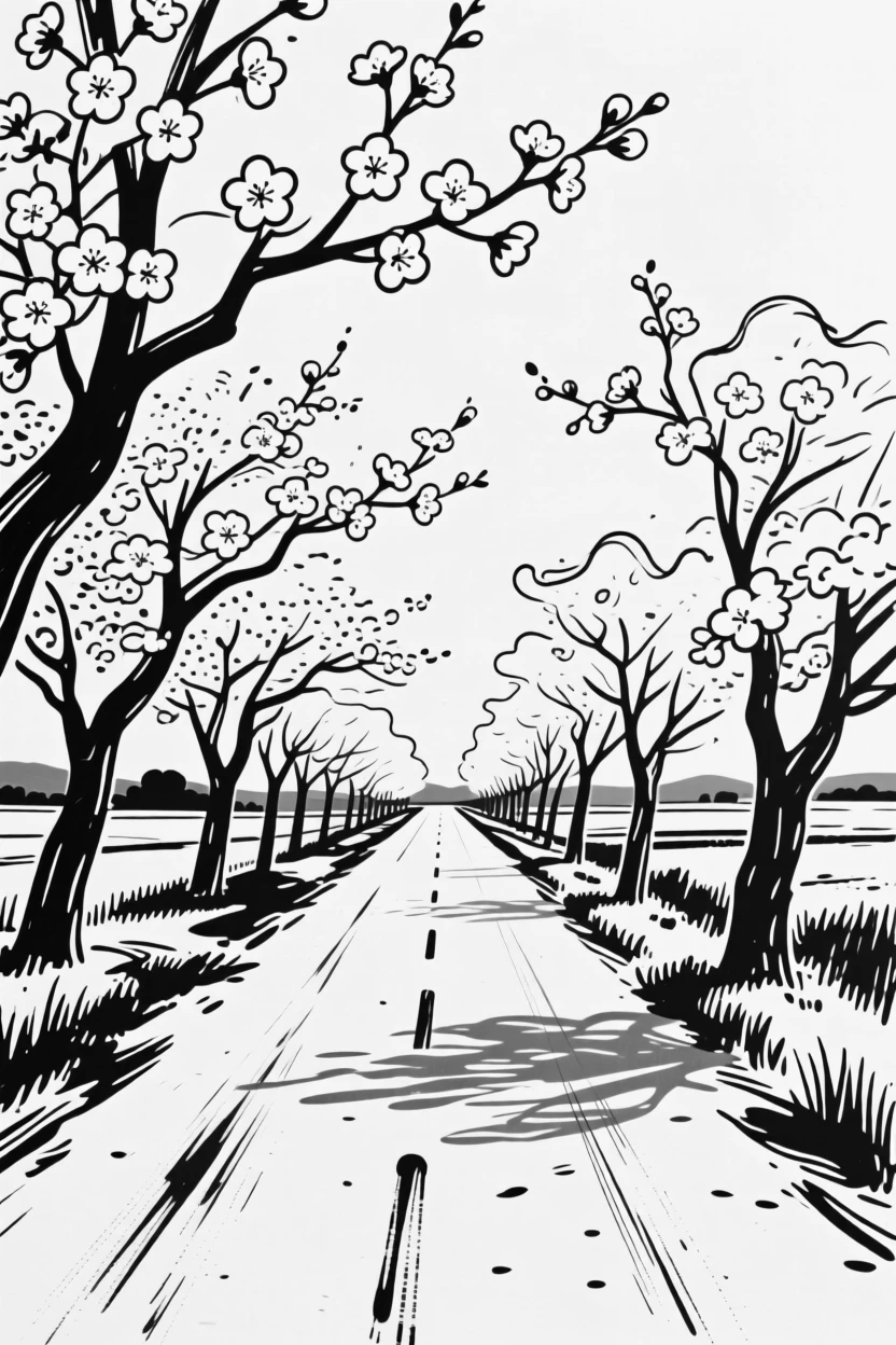 A quiet countryside road lined with blooming cherry blossom trees.