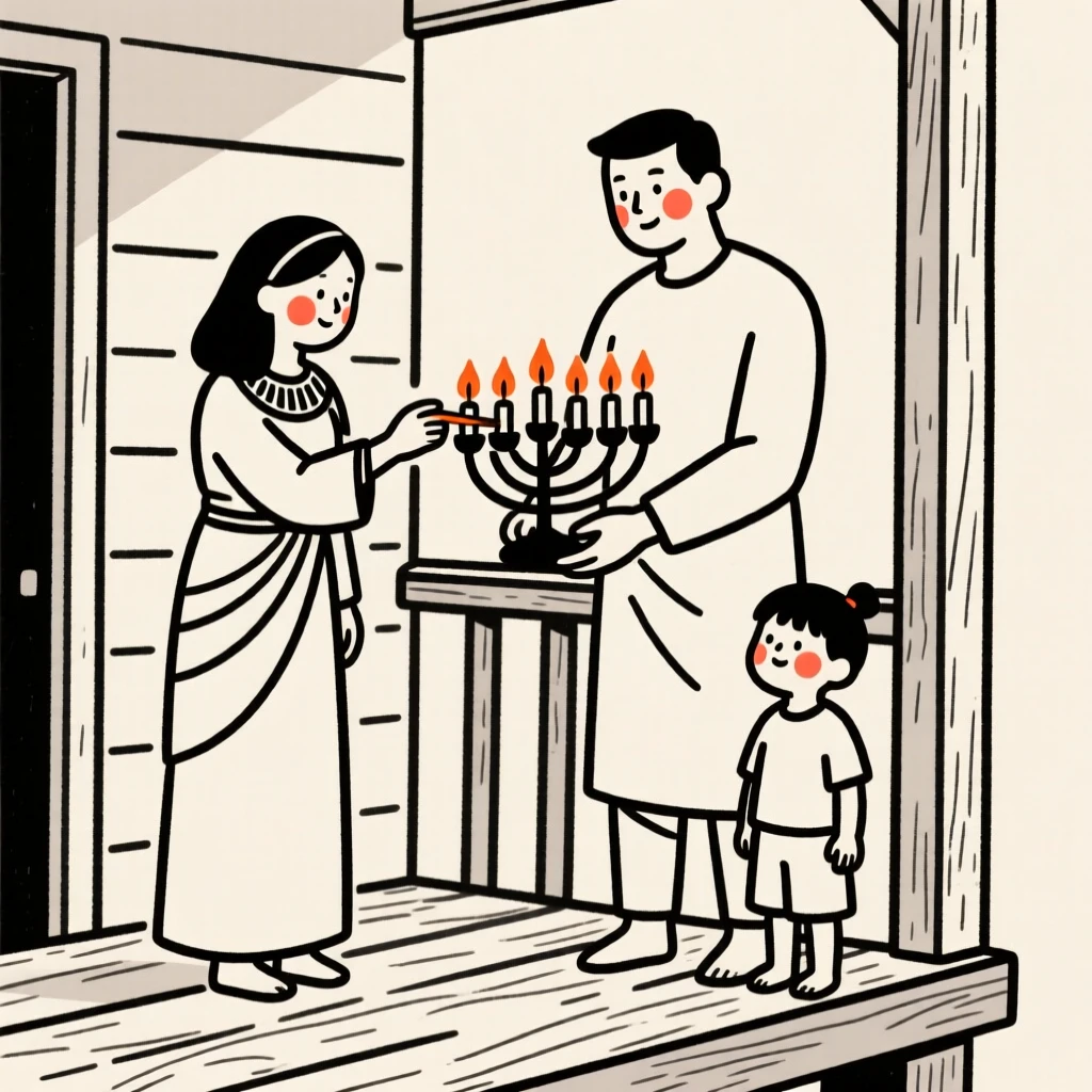 A family of Egyptian heritage lighting a menorah for Hanukkah, on a rustic wooden porch.