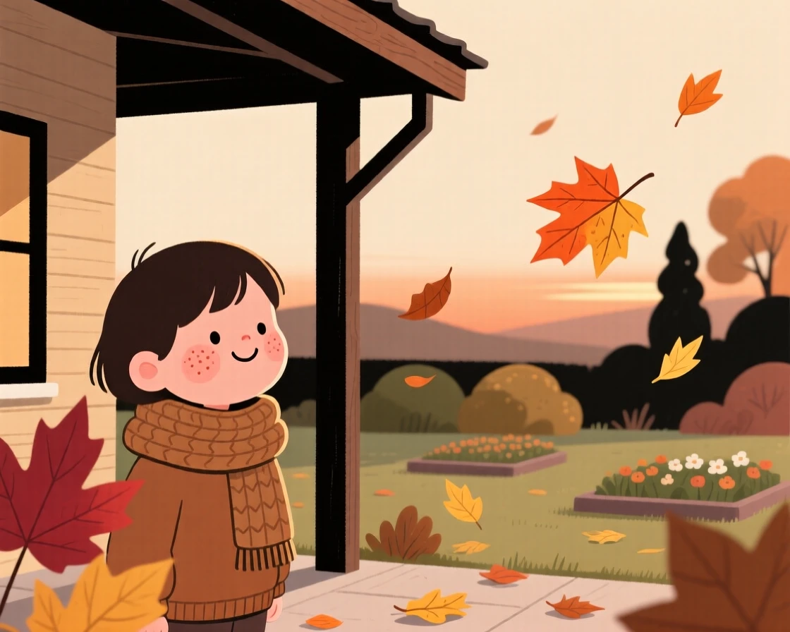 Soft autumn leaves falls over a sleeping garden as a child watches from beneath a porch awning, wrapped warmly against the cool evening air.