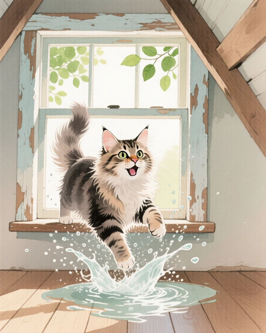 A Maine Coon kitten splashes playfully in a cozy attic window, while soft light filters through nearby leaves