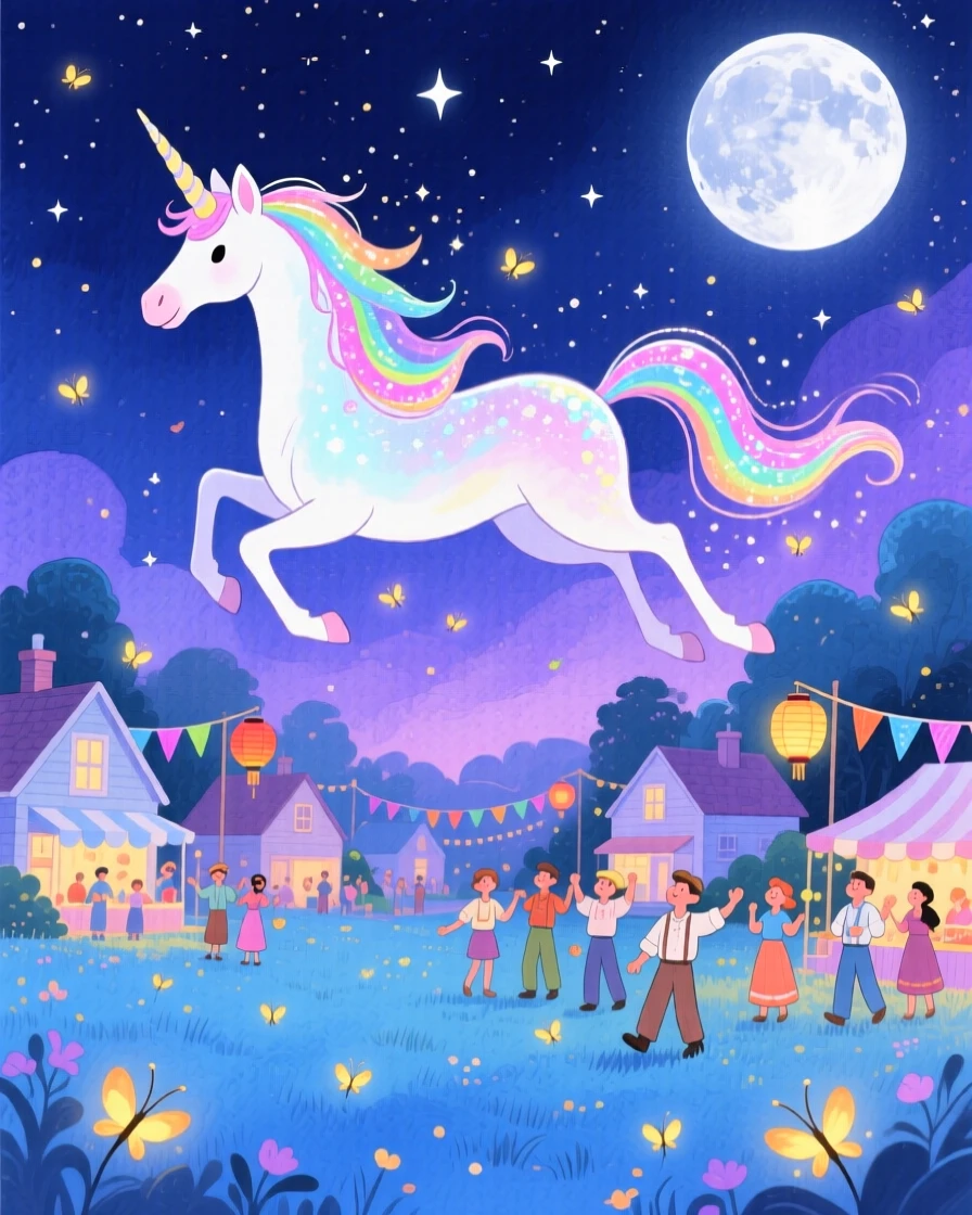 A shimmering unicorn soaring above a village during a starlit festival, in a moonlit meadow dotted with fireflies, radiating gentle magic and wonder.