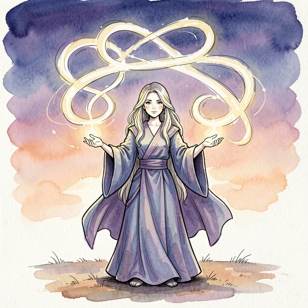 A young sorceress conjuring swirling ribbons of light in her outstretched palms at twilight