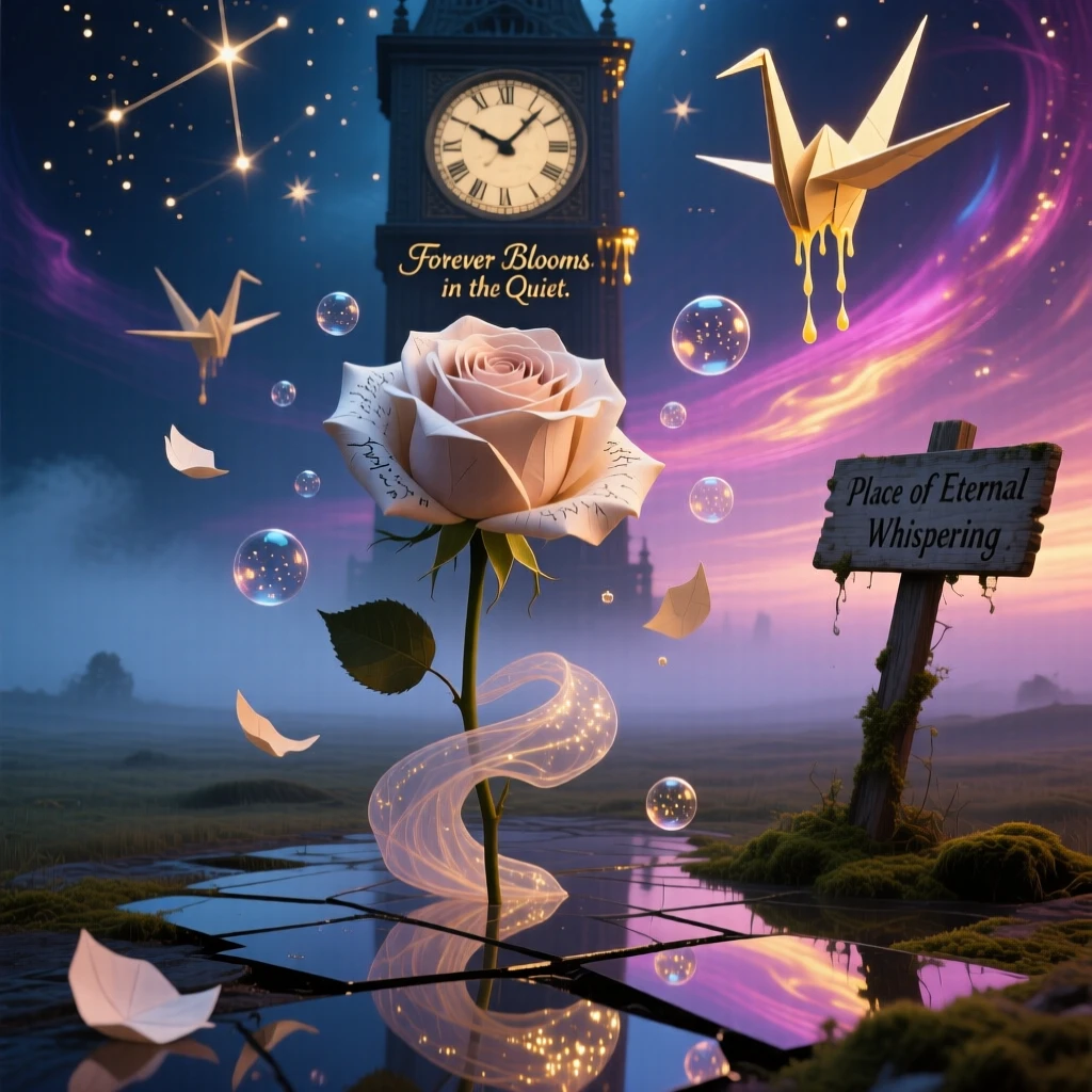 A single rose blooming petals made of soft folded paper thrives quietly in a place untouched by time, as petals fall slowly, spinning like tiny dancers.