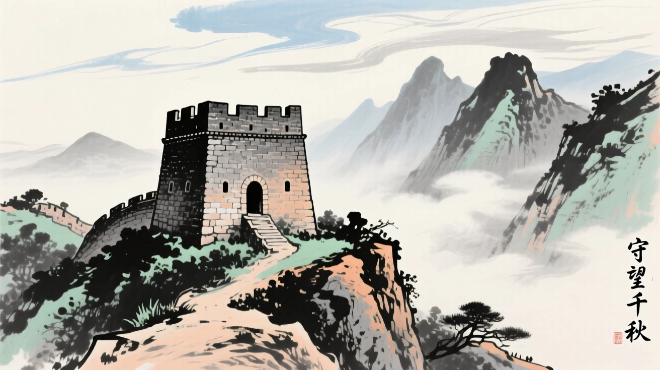 An old stone watchtower standing guard over a mountain pass, conveying a deep sense of harmony with nature, under a sky streaked with clouds.