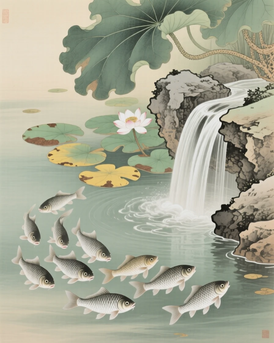 A school of silver fish beneath lily pads at the base of a small stone waterfall