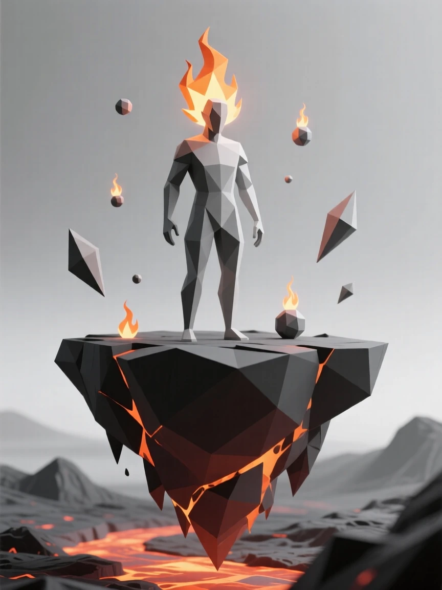 A fire elemental dancing above molten rock, surrounded by drifting magical embers. the scale of the scene emphasizes its grandeur. The moment feels suspended between worlds.