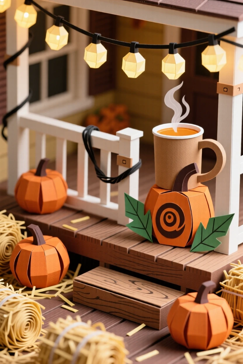 A cozy autumn porch decorated with pumpkins, hay bales, and string lights, a warm cup of cider resting on the railing, evoking seasonal coziness.