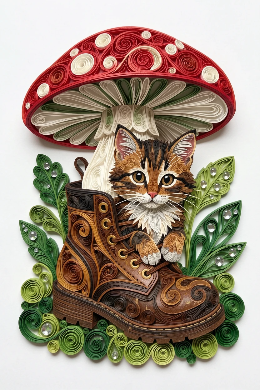 A heartwarming scene of a kitten peeking out from inside a cozy boot beneath a giant mushroom in a mossy forest, arranged with the subject slightly off-center for balance, with soft dewdrops glistening on nearby leaves.