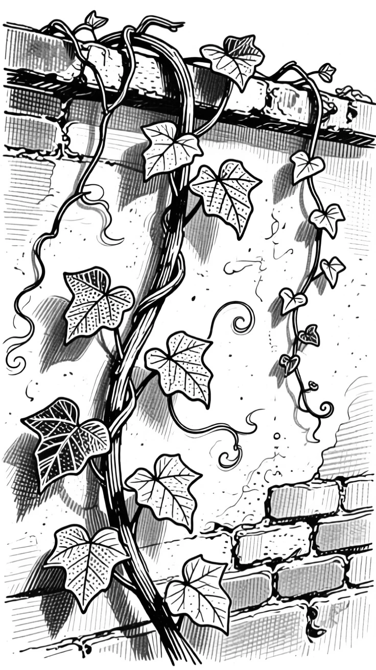 A trailing ivy vine growing wild along a garden wall, with stems bending gracefully under their own weight, composed in a delicate and romantic still-life arrangement.