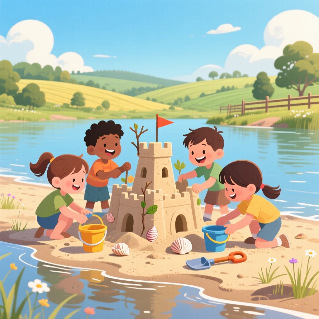 A group of children building a sandcastle on the shore, in a charming countryside setting, captured in a candid, joyful moment, with a sense of warmth and togetherness in every detail.