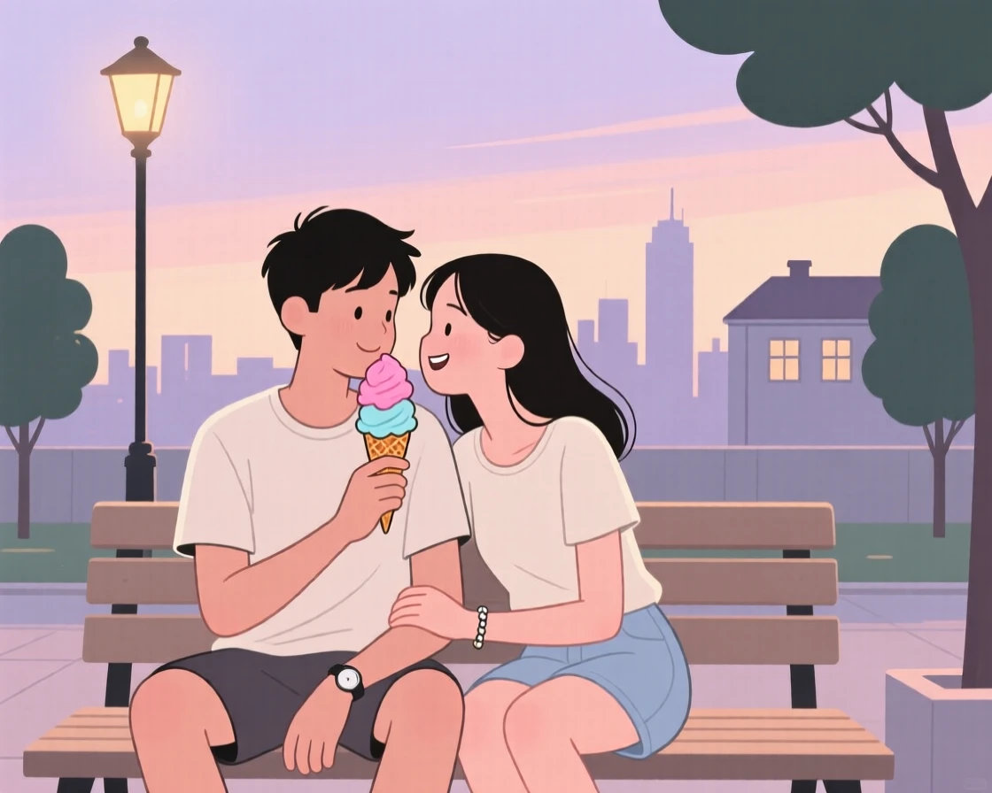 A young couple enjoying an ice cream cone on a quiet summer evening in the city.