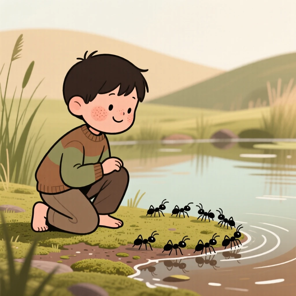 A curious little boy kneels beside a trail of ants in the edge of a pond, watching intently as it spins in a lazy circle.