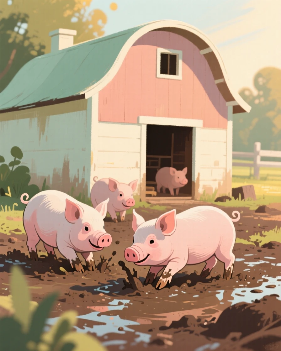 A farmyard scene with piglets rooting in the mud near their sty