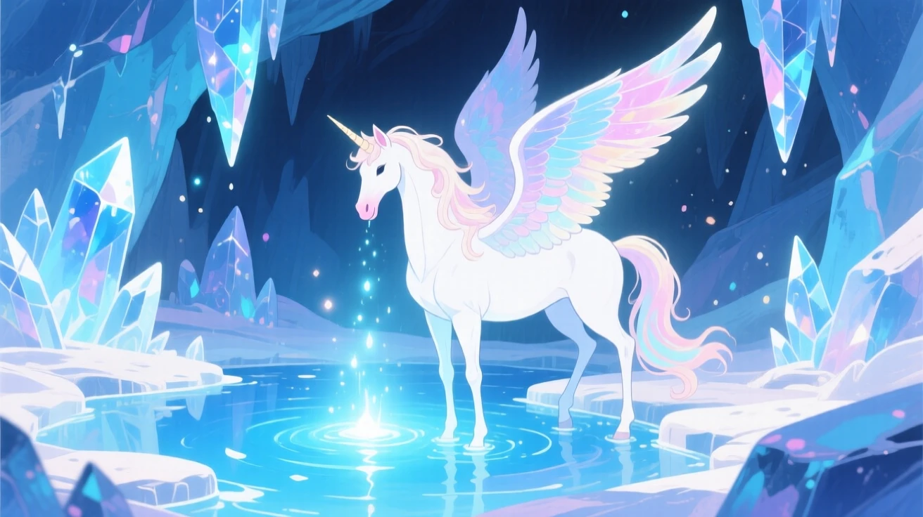 A majestic pegasus drinking from a magical spring that glows softly blue, in a sparkling ice cave, brimming with magical warmth and beauty.