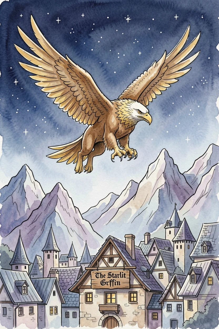 A griffin soaring above a mountain kingdom, wings spread wide against a sky full of stars