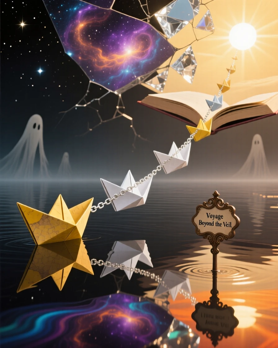 A chain of paper boats sailing from darkness into daylight hovers weightlessly above a calm, reflective surface, as everything else fades quietly into muted color.