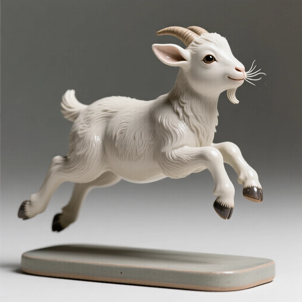 A baby goat leaping mid-air caught in a playful leap, with delicate whiskers catching the light, stirring a feeling of gentle wonder.