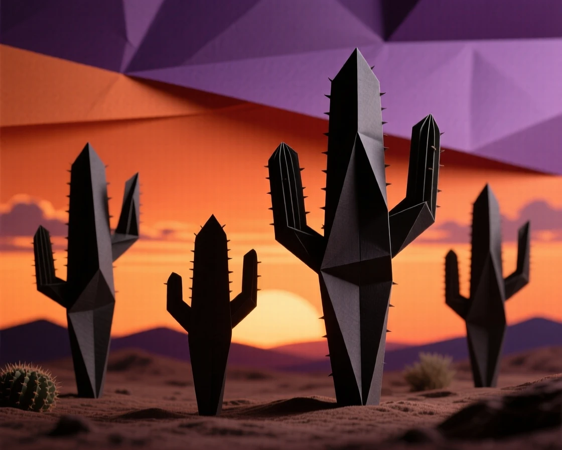 A dramatic desert sunset with cacti silhouetted against a sky of deep orange and purple.