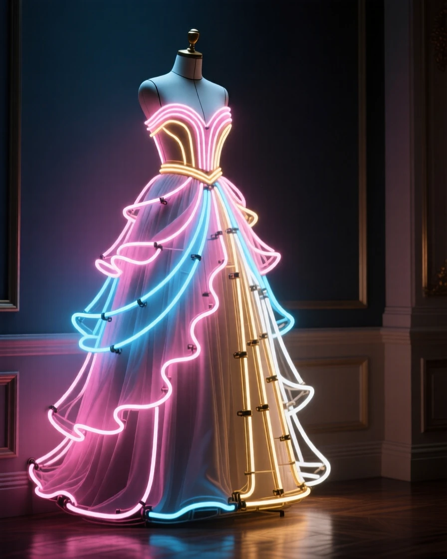 An elaborate ball gown displayed on a mannequin in a grand hall.