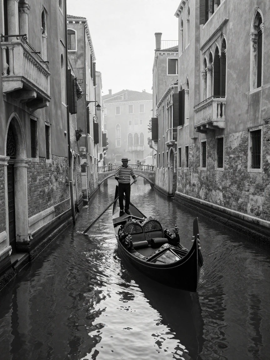 A gondola glides along a quiet canal along a picturesque European canal.