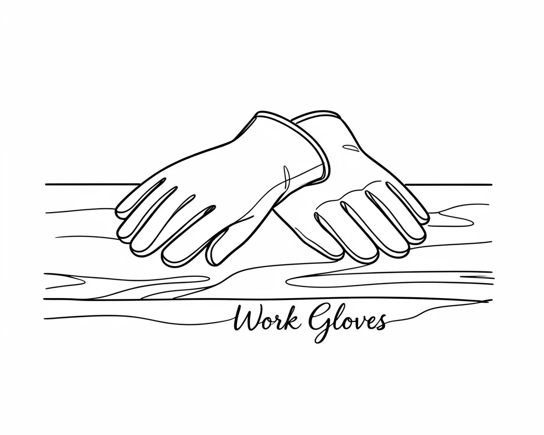 A pair of leather work gloves resting on a wooden workbench
